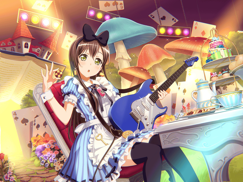 apron bang_dream! black_hair blush cards dress electric_guitar green_eyes guitar hanazono_tae long_hair mushroom music ribbon