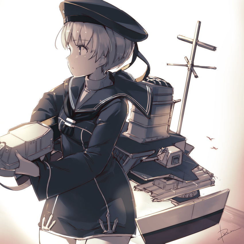 anchor artist_name beret cannon cowboy_shot dress eyebrows_visible_through_hair gradient gradient_background gun hat highres kantai_collection long_sleeves looking_to_the_side machinery pemu rigging sailor_collar sailor_dress short_hair solo torpedo turtleneck weapon white_background z1_leberecht_maass_(kantai_collection)