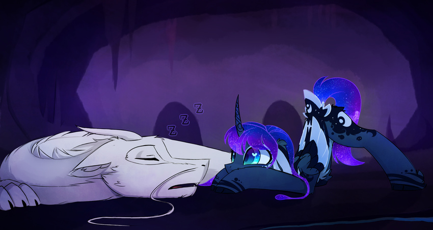 blue_eyes cosmic_hair dragon duo equine female feral friendship_is_magic fur hooves horn lying magnaluna male mammal my_little_pony princess_luna_(mlp) sleeping sound_effects standing white_fur winged_unicorn wings zzz