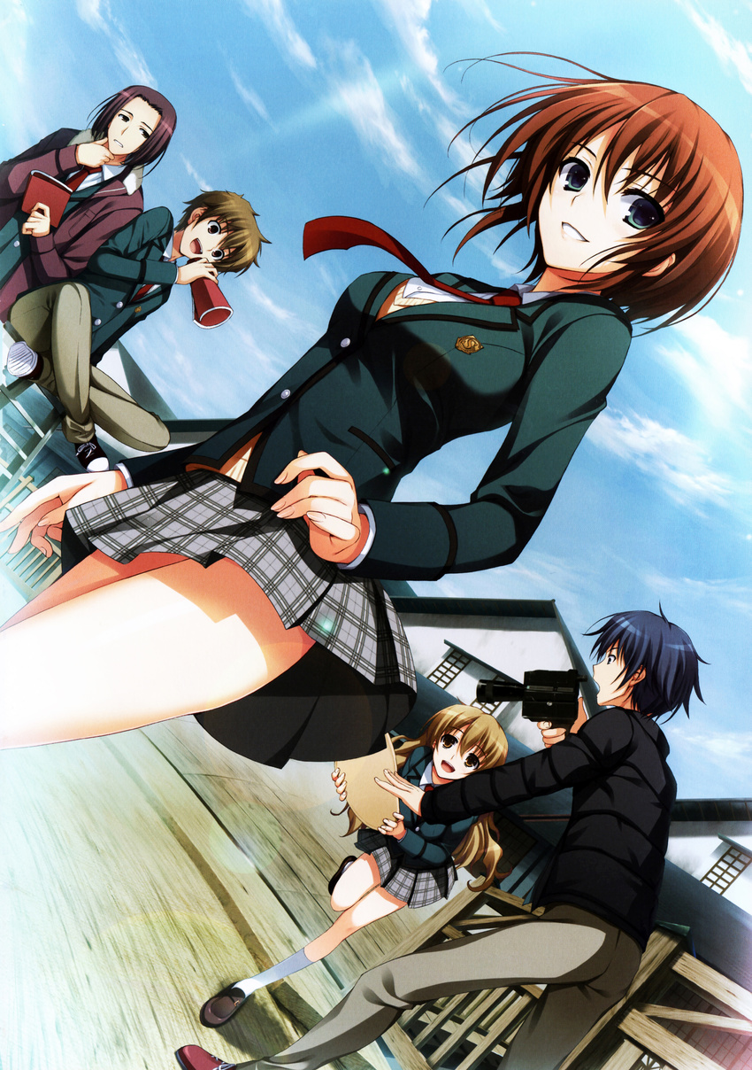 3boys absurdres aqua_eyes blazer blonde_hair blue_hair breasts brown_eyes brown_hair camera cloud day hand_on_own_chin highres huge_filesize jacket koi_de_wa_naku leg_up looking_at_viewer makishima_yumi medium_breasts multiple_boys multiple_girls necktie old open_mouth outdoors pants pleated_skirt scan school_uniform script shoes short_hair sitting skirt sky smile tomose_shunsaku white_legwear yano_konoka