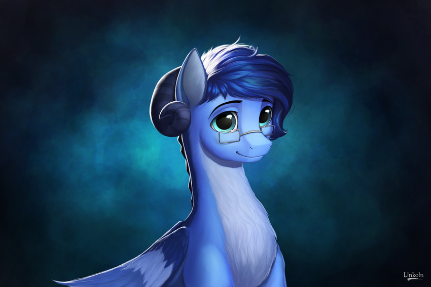 blue_eyes blue_fur blue_hair curved_horn equine fan_character feathered_wings feathers female feral fur hair hybrid l1nkoln mammal my_little_pony pegasus smile solo wings