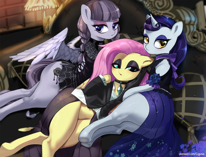 big_butt blush butt chigusa_amano collar cutie_mark equine eyeshadow feathers female feral fluttershy_(mlp) friendship_is_magic goth group horn inky_rose_(mlp) lying makeup mammal moonlight_raven_(mlp) my_little_pony on_side pegasus translucent unicorn wings