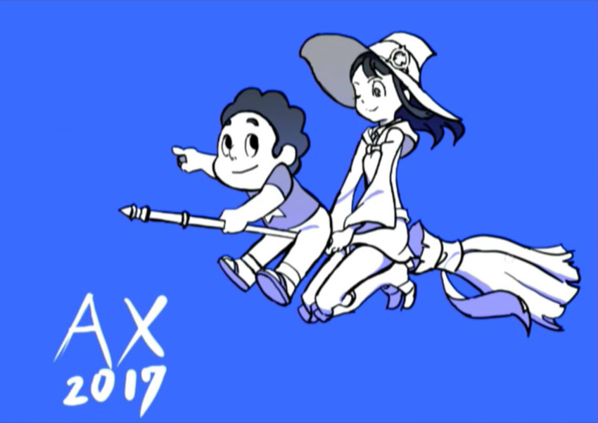 1boy 1girl artist_request character_request crossover little_witch_academia monochrome steven_universe witch witch_hat