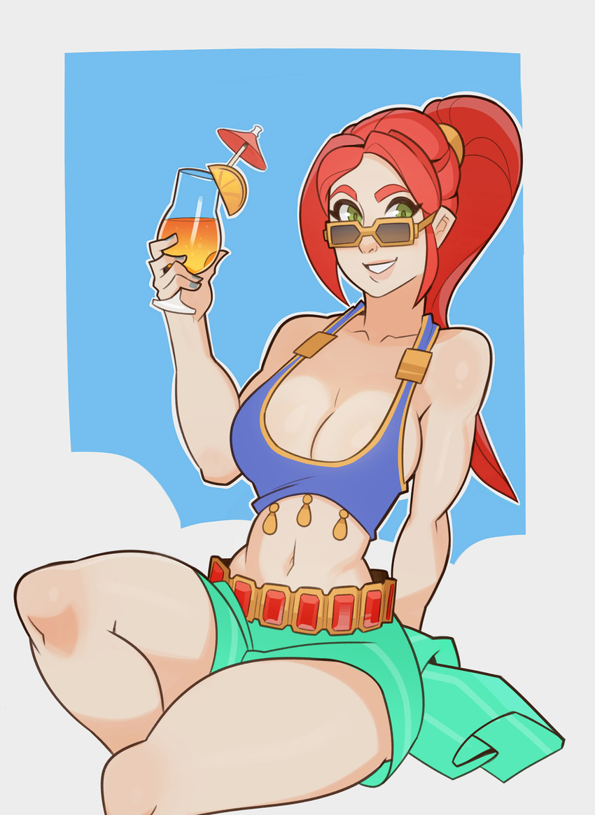 alternate_costume belt blue_nails braid breasts bustier cassie_(paladins) cleavage cocktail_umbrella drink green_eyes grin highres large_breasts long_hair looking_at_viewer midriff nail_polish navel paladins ponytail red_hair single_braid sitting smile solo splashbrush sun_kiss_cassie sunglasses