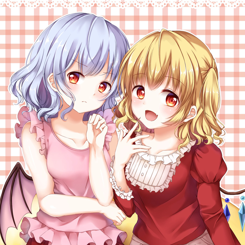 alternate_costume bangs bare_arms bat_wings blonde_hair blue_hair camisole collarbone eyebrows_visible_through_hair fang flandre_scarlet frilled_shirt_collar frilled_sleeves frills highres juliet_sleeves long_sleeves looking_at_viewer multiple_girls mumu-crown no_headwear plaid plaid_background puffy_long_sleeves puffy_sleeves red_eyes remilia_scarlet siblings sisters sleeveless smile touhou upper_body wings