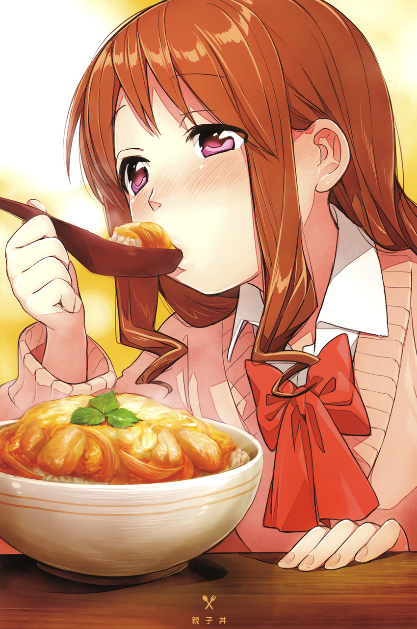 blush bow bowtie brown_hair chinese_spoon collared_shirt ear_blush fingernails food food_request full-face_blush hand_on_table highres holding kawai_makoto koufuku_graffiti long_hair long_sleeves machiko_ryou nose_blush oyakodon pink_eyes pink_sweater red_bow red_neckwear rice shiny shiny_hair shirt sweater table white_shirt wing_collar