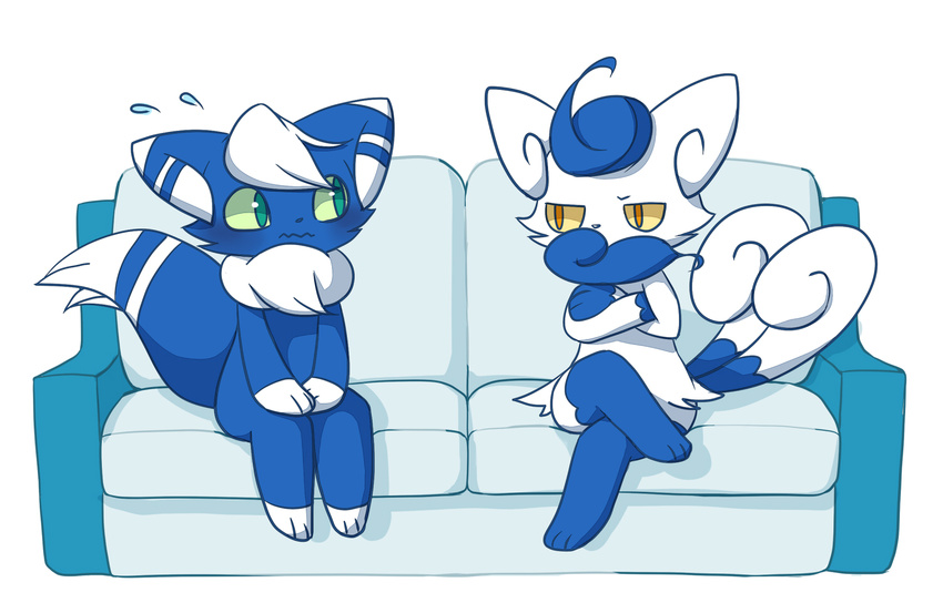 ambiguous_gender anthro crossed_arms crossed_legs duo japanese_meowstic kemono meowstic nervous nintendo pok&eacute;mon scary semi-anthro simple_background sitting sofa video_games white_background