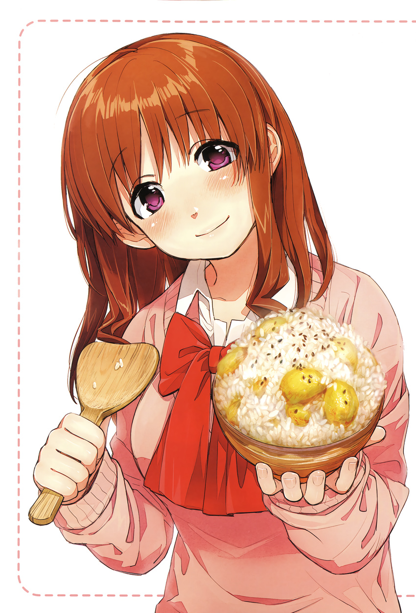 blush bowl brown_hair collarbone dotted_line eyebrows_visible_through_hair food highres holding holding_bowl kawai_makoto koufuku_graffiti long_sleeves looking_at_viewer machiko_ryou pink_eyes pink_sweater rice rice_bowl rice_spoon school_uniform smile solo sweater upper_body