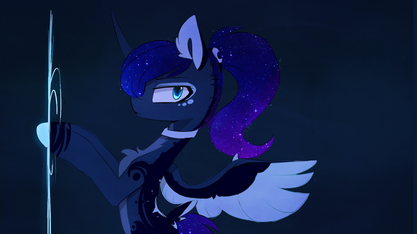 blue_background blue_eyes blue_fur cosmic_hair equine feathered_wings feathers friendship_is_magic fur hooves horn magnaluna mammal my_little_pony princess_luna_(mlp) simple_background smile solo winged_unicorn wings