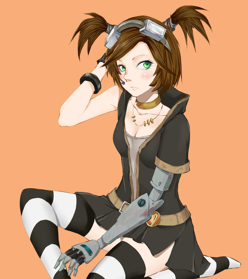 1girl borderlands borderlands_2 brown_hair cleavage gaige goggles green_eyes mechanical_arm prosthetic_arm skirt striped_legwear twintails