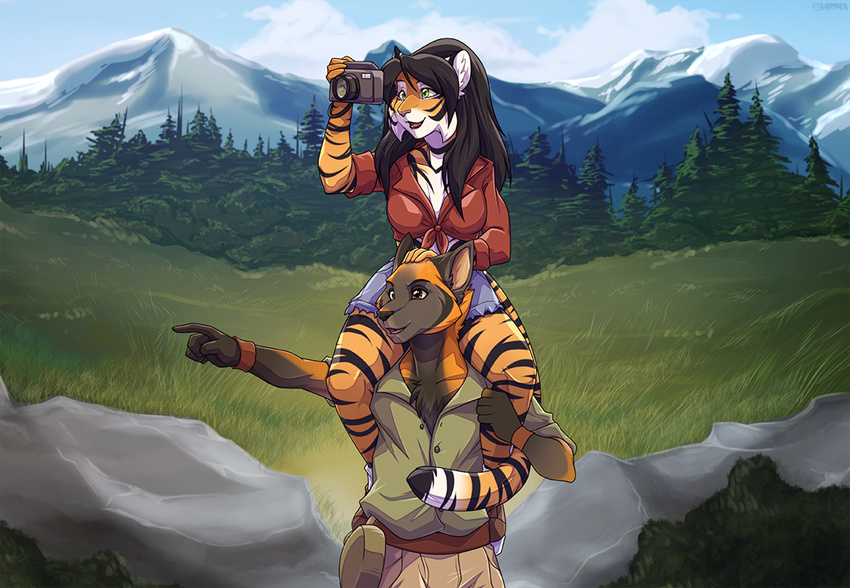 camera clothing female grass hiking lapres male megan_giles mountain redfox rock rocky_mountain_park shoulder_stand space_cat tigress_(disambiguation) tree