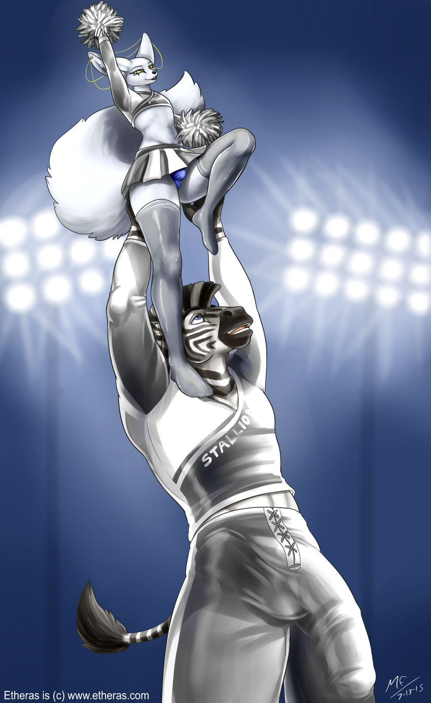 anthro bulge canine cheerleader_outfit clothed clothing conditional_dnp crossdressing duo equine etheras fennec fox girly legwear makeup male mammal moodyferret muscular penis_outline smile thigh_highs underwear zebra