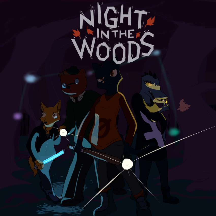 angus_(nitw) anthro baseball_bat bea_(nitw) bear canine cat clothed clothing crocodile crocodilian dark_theme english_text feline female forest fully_clothed gregg_(nitw) group hi_res mae_(nitw) male mammal night night_in_the_woods outside reptile scalie skunkstripe smoking standing teenager text tree young