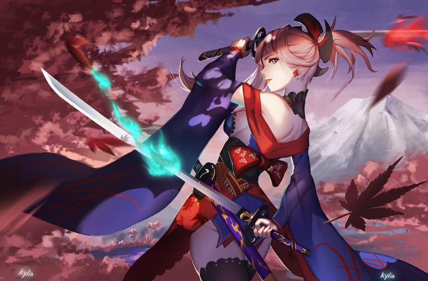 absurdres arm_behind_back arm_up bare_shoulders black_legwear breasts cowboy_shot detached_collar detached_sleeves dual_wielding earrings fate/grand_order fate_(series) from_behind hair_ornament highres holding jewelry katana leaf light_smile lips looking_at_viewer looking_back maple_leaf medium_breasts miyamoto_musashi_(fate/grand_order) outdoors parted_lips pink_hair profile purple_eyes short_ponytail sideboob solo sword thighhighs weapon wide_sleeves yun_lin