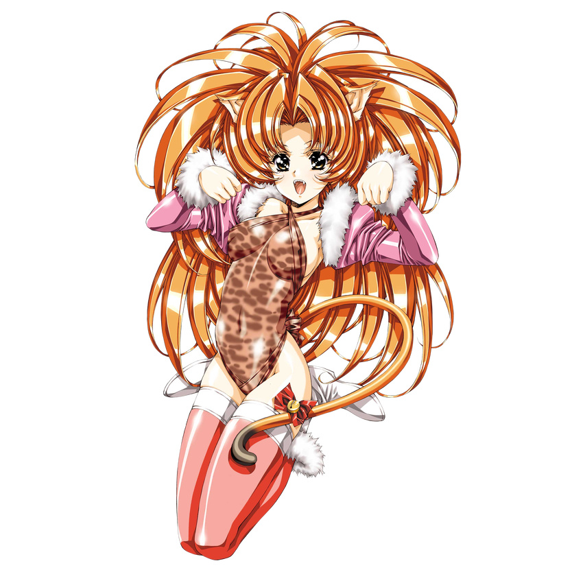 absurdres animal_ears animal_print bell bow brown_eyes cat_ears cat_tail collarbone detached_sleeves fangs fur_trim growlanser growlanser_iv highres jingle_bell leona_(growlanser) leotard long_hair long_sleeves official_art open_mouth orange_hair pink_legwear solo tail thighhighs transparent_background urushihara_satoshi