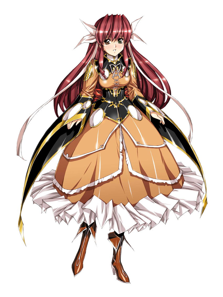 absurdres armor arms_at_sides bangs blush boots breasts cross-laced_clothes dress faulds frilled_dress frills full_body gorget green_eyes growlanser growlanser_iv growlanser_iv:_over_reloaded hair_between_eyes hair_ribbon heterochromia high_heel_boots high_heels highres knee_boots long_hair long_sleeves looking_at_viewer medium_breasts meline_(growlanser) official_art orange_dress orange_eyes orange_footwear parted_lips red_hair ribbon shiny shiny_clothes shiny_hair sidelocks sleeves_past_wrists smile solo standing transparent_background turtleneck underbust urushihara_satoshi vambraces very_long_hair white_ribbon wide_sleeves