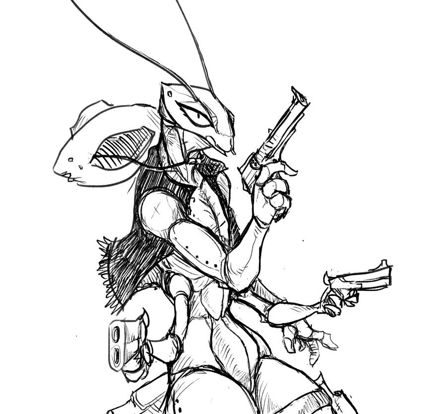2014 ambiguous_gender anthro arthropod gun guoh handgun hat hi_res holding_object holding_weapon insect insectoid mantis monochrome multi_arm multi_limb multi_wielding pistol ranged_weapon revolver simple_background sketch solo weapon white_background