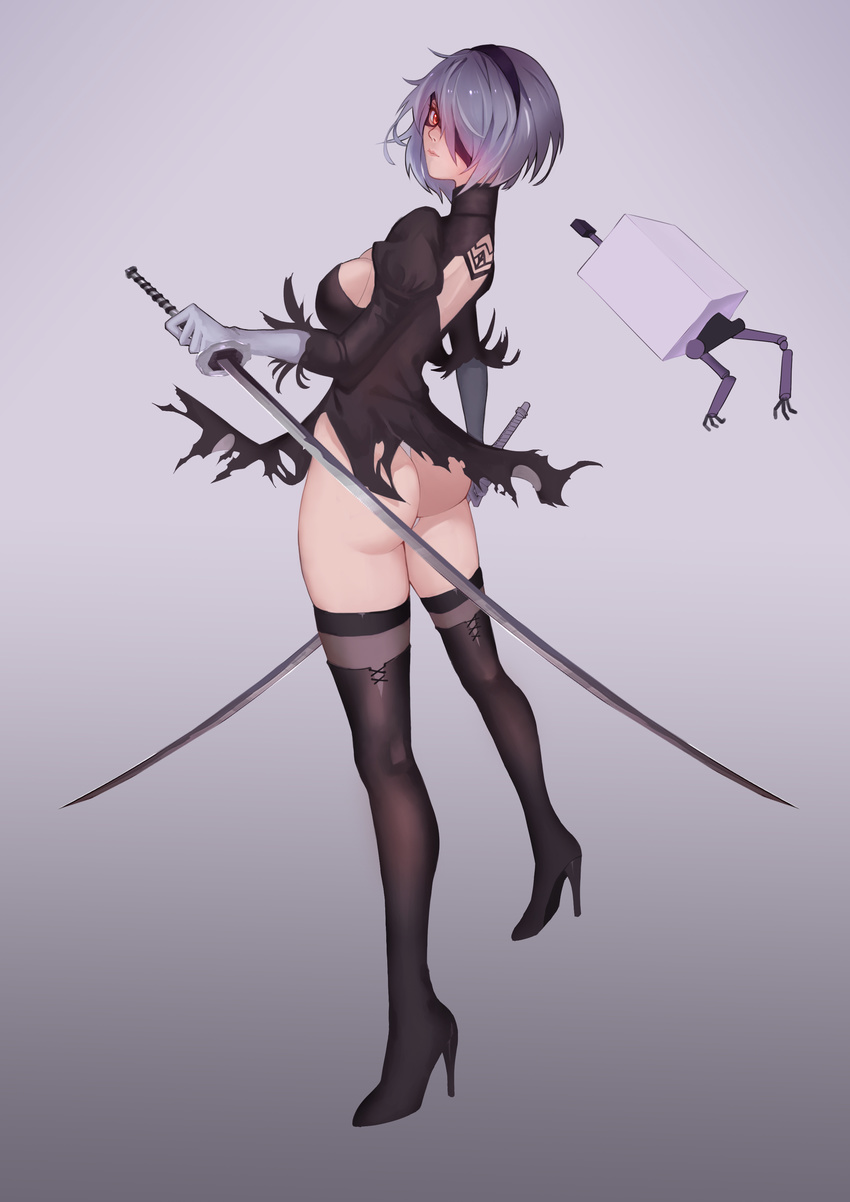 absurdres back_cutout black_dress black_footwear black_hairband blindfold boots breasts cleavage cleavage_cutout dress dual_wielding feather-trimmed_sleeves full_body gloves hair_over_one_eye hairband high_heel_boots high_heels highres holding juliet_sleeves katana large_breasts leotard long_sleeves looking_at_viewer looking_back nier_(series) nier_automata one_eye_covered pod_(nier_automata) puffy_long_sleeves puffy_sleeves red_eyes silver_hair solo standing sword thigh_boots thighhighs thighhighs_under_boots thong torn_clothes torn_dress weapon white_gloves white_leotard yorha_no._2_type_b yun_lin