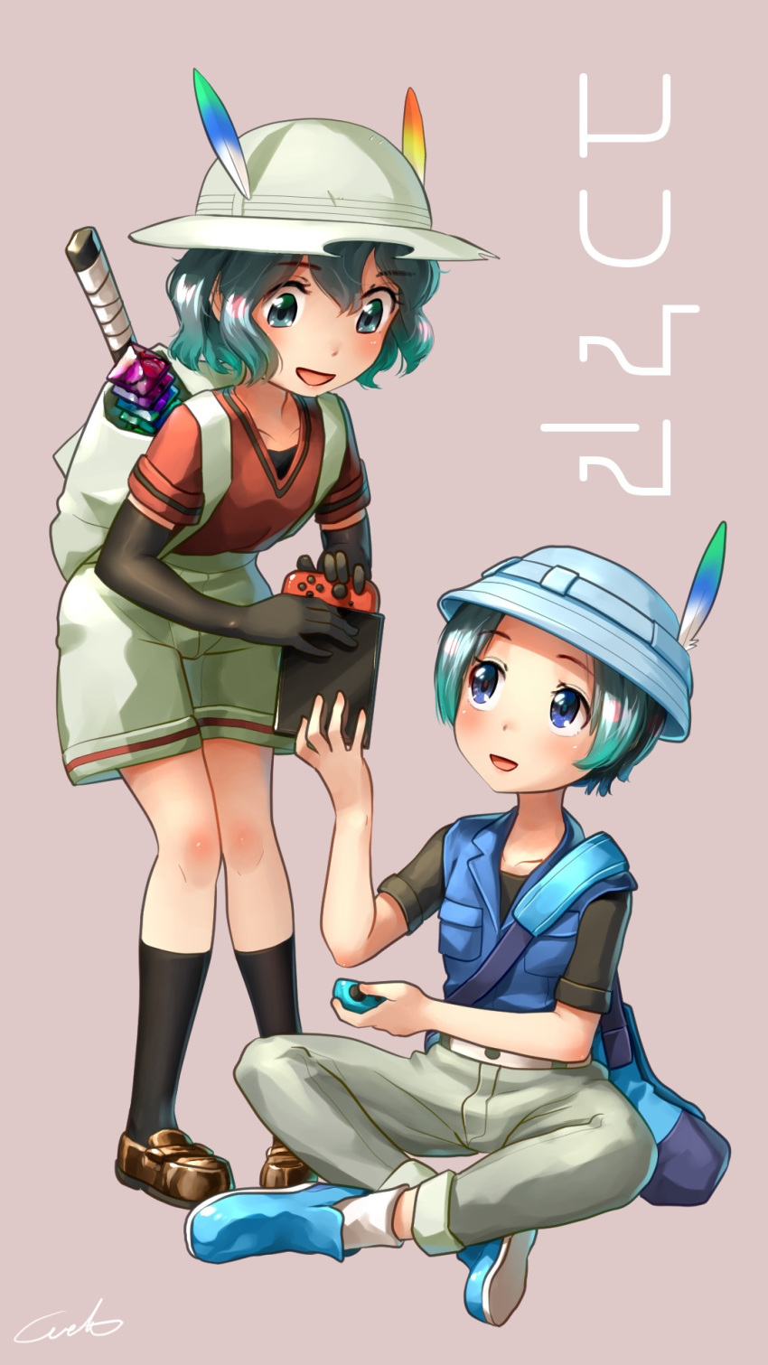 2girls :d backpack bag black_gloves black_hair black_legwear black_shirt blue_eyes blue_vest breast_pocket collarbone commentary_request elbow_gloves eyebrows_visible_through_hair full_body gloves green_eyes green_hair grey_pants hat hat_feather hebrew_text highres joy-con kaban_(kemono_friends) kemono_friends kneehighs kyururu_(kemono_friends) legs_crossed looking_at_another multicolored_hair multiple_girls nintendo_switch open_mouth pants pocket red_shirt shirt short_hair short_sleeves shorts shoulder_bag signature simple_background sitting smile translation_request two-tone_hair vest wavy_hair welt_(kinsei_koutenkyoku) white_hat white_shorts