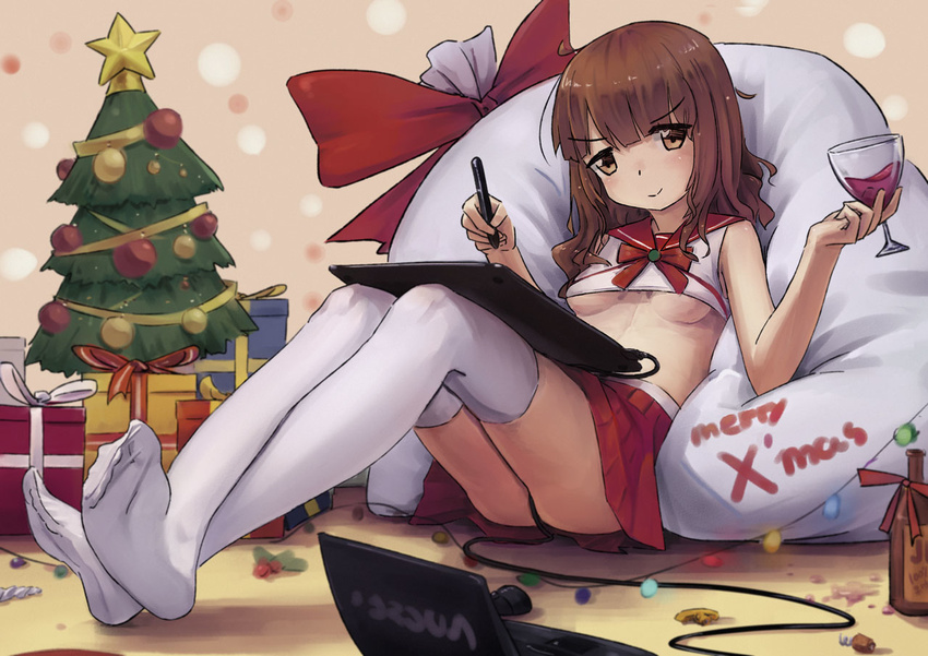 1girl artist_request bangs blunt_bangs bottle bow brown_hair character_request christmas_tree copyright_request gift_box glass laptop looking_at_viewer pen red_bow red_skirt sitting skirt smile solo tablet thighhighs underboob wavy_hair white_legwear wine_glass