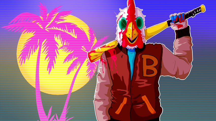 aesthetic baseball_bat blood gore human jacket_(hotline_miami) letterman_jacket mammal mask night not_furry palm_tree sunset tree video_games xenny