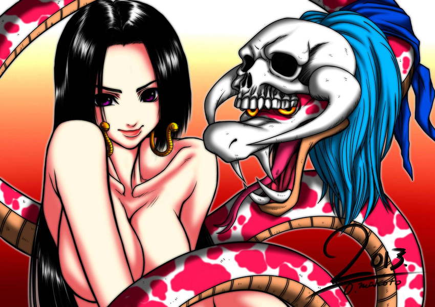 1girl 2013 animal artist_request bare_arms bare_shoulders black_hair boa_hancock breasts dated earrings fang gradient_background large_breasts lips long_hair nude one_piece purple_eyes salome signature skull smile snake tongue