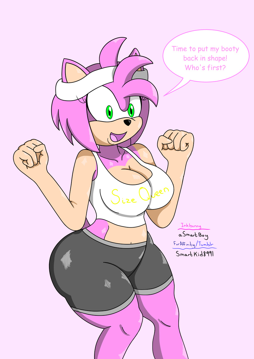 absurd_res amy_rose anthro asmartboy big_breasts breasts cleavage clothed clothing english_text female hedgehog hi_res mammal smile solo sonic_(series) text wide_hips