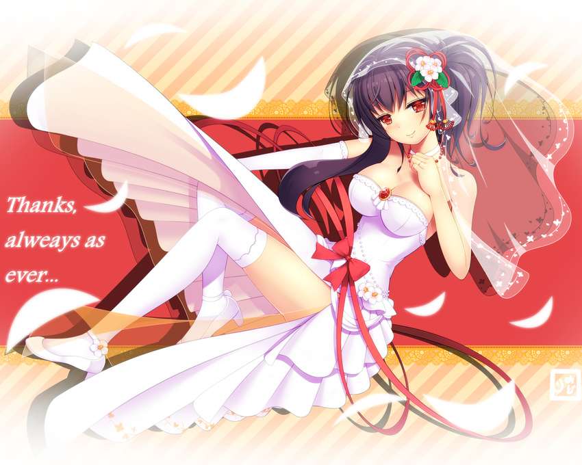 absurdres black_hair bow breasts bride choker closed_mouth dress elbow_gloves engrish flower flower_knight_girl full_body gloves hair_flower hair_ornament highres jewelry long_hair looking_at_viewer manryou_(flower_knight_girl) medium_breasts petals ponytail ranguage red_bow red_eyes ring shoes side_slit single_elbow_glove smile solo thighhighs veil whether white_choker white_dress white_footwear white_legwear zettai_ryouiki