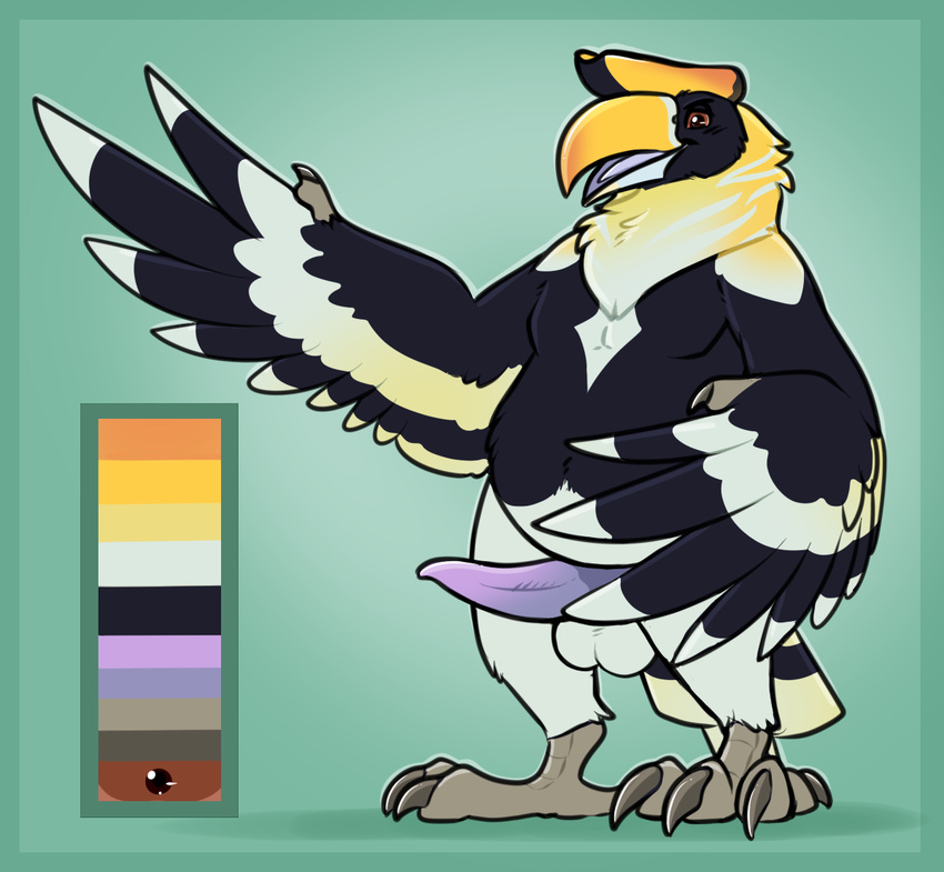 1_finger 2017 4_toes anthro avian balls beak bedroom_eyes belly belly_tuft biped bird black_feathers blush border brown_eyes chest_tuft claws color_swatch crest digital_drawing_(artwork) digital_media_(artwork) digitigrade erection feather_tuft feathered_wings feathers front_view full-length_portrait green_background green_border grey_beak grey_claws grey_skin half-closed_eyes harry_hornbill head_tuft hornbill male model_sheet moobs multicolored_beak multicolored_feathers multicolored_tail multicolored_wings nude open_mouth orange_sclera overweight overweight_male penis portrait pose purple_penis purple_tongue royalty_(artist) seductive simple_background smile solo standing striped_wings stripes tail_feathers talons tapering_penis toes tuft two_tone_beak two_tone_tail white_balls white_feathers winged_arms wings yellow_beak yellow_feathers