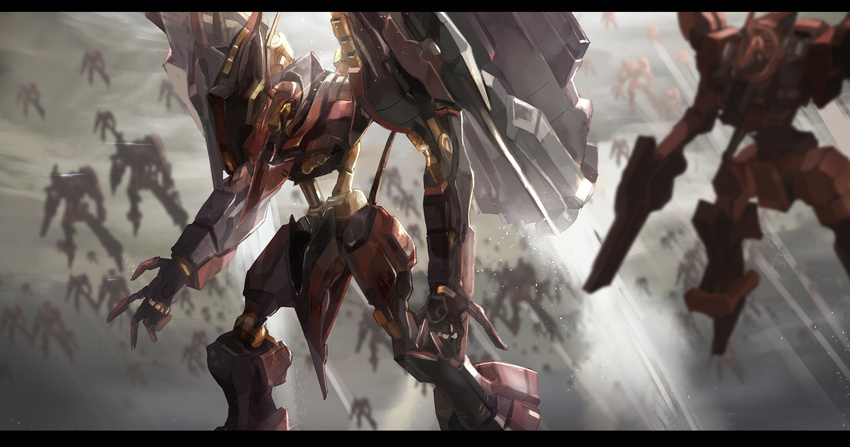 blurry blurry_background flying highres humanoid_robot letterboxed mecha mono_(jdaj) nineball nineball_seraph no_humans