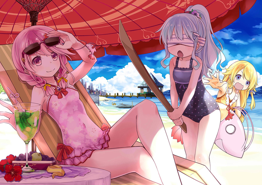 54hao apple bad_id bad_pixiv_id beach beach_chair beach_umbrella bikini black_swimsuit blindfold blonde_hair blue_eyes blue_sky bow bracelet braid casual_one-piece_swimsuit character_request cloud collarbone copyright_request crossed_legs cup day drinking_glass drinking_straw eyewear_on_head flower food frilled_bikini_top frilled_swimsuit frills fruit gazebo grapes green_apple hair_flower hair_ornament hair_ribbon high_ponytail highres jewelry kuuki_shoujo magi_in_wanchin_basilica multiple_girls one-piece_swimsuit open_mouth orange_bikini outdoors outstretched_arm pier pink_eyes pink_hair pink_swimsuit polka_dot polka_dot_swimsuit red_bow red_flower ribbon sergestid_shrimp_in_tungkang sidelocks silver_hair sitting sky smile sunglasses swimsuit sword the_personification_of_atmosphere tropical_drink twin_braids umbrella wavy_mouth weapon white_ribbon wooden_sword xiao_ma xuan_ying yellow_ribbon