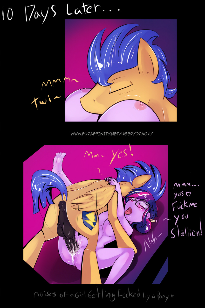 &lt;3 2014 animal_genitalia animal_penis anthro anus backsack balls barefoot bestiality blue_hair blush breasts butt comic cum cum_in_pussy cum_inside cutie_mark dialogue digital_media_(artwork) dock dragk duo english_text equestria_girls equine equine_penis eyes_closed eyewear feathered_wings feathers female female_on_feral feral flash_sentry_(eg) glasses hair hi_res human human_on_feral interspecies male male/female male_penetrating mammal my_little_pony nude one_leg_up open_mouth pegasus penetration penis perineum plantigrade puffy_anus purple_body purple_skin pussy sex spread_legs spreading text tongue transformation twilight_sparkle_(eg) vaginal vaginal_penetration wings
