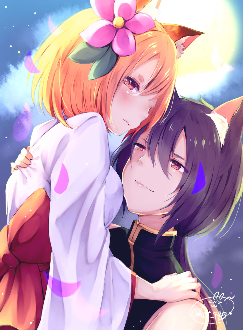 1girl :c animal_ear_fluff animal_ears artist_logo artist_name bangs black_shirt blush bow chita_(ketchup) closed_mouth commentary_request flower fox_ears fox_girl hair_between_eyes hair_flower hair_ornament highres japanese_clothes kimono large_bow long_hair long_sleeves looking_at_another looking_at_viewer orange_hair original petals purple_flower purple_hair red_bow red_eyes shirt smile twitter_username upper_body white_kimono wide_sleeves