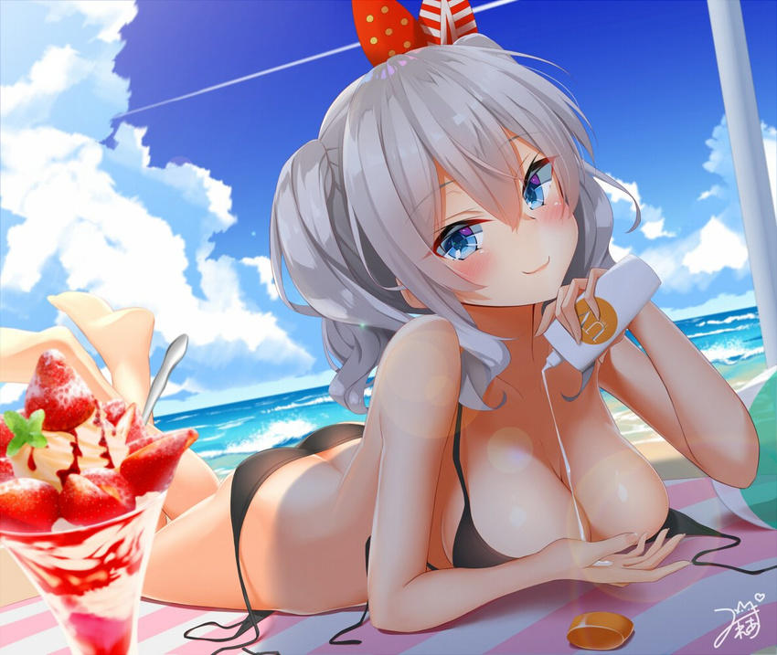 ass ball bare_shoulders barefoot beach beachball beret bikini black_bikini blue_eyes blush breasts butt_crack cleavage close-up day hair_between_eyes hat horizon kantai_collection kashima_(kantai_collection) large_breasts looking_at_viewer lotion lying mirea ocean on_stomach outdoors parfait silver_hair smile solo sunlight sunscreen swimsuit the_pose twintails untied untied_bikini wavy_hair