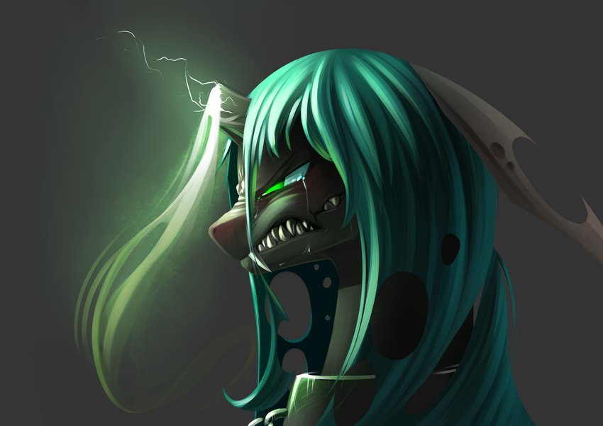 changeling female feral friendship_is_magic green_eyes green_hair hair my_little_pony queen_chrysalis_(mlp) simple_background solo teeth underpable