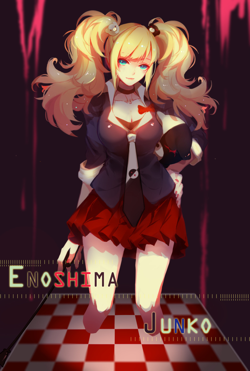 1girl bear_hair_ornament black_shirt blonde_hair blue_eyes character_name danganronpa enoshima_junko hair_ornament highres hq_(876704940) long_hair monokuma necktie pleated_skirt red_skirt shirt skirt sleeves_rolled_up twintails