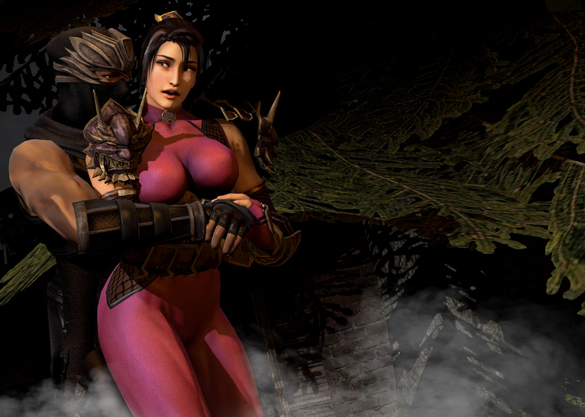 1boy 1girl armor black_hair bodysuit breasts cleavage hug ninja ponytail soul_calibur spandex taki_(soulcalibur)