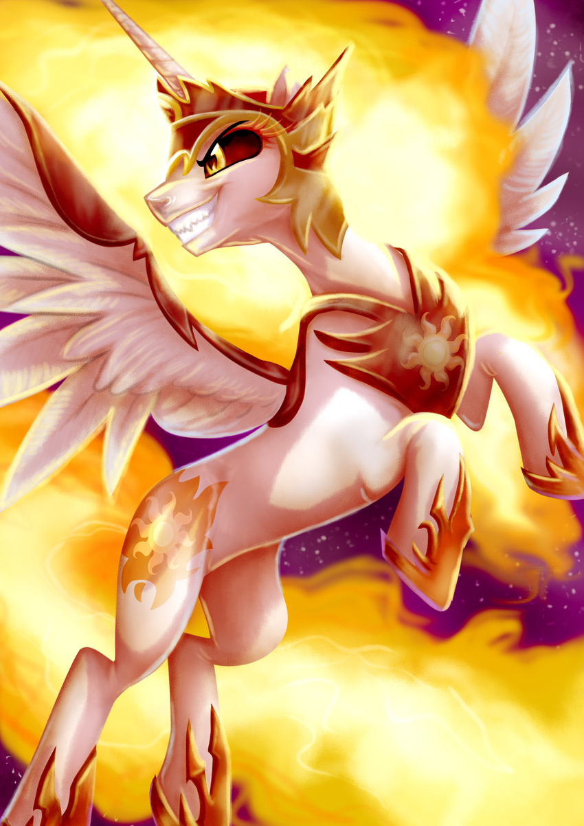 2017 adlynh armor cutie_mark daybreaker_(mlp) equine fangs feathered_wings feathers female feral fire friendship_is_magic grin hair helmet horn jewelry mammal multicolored_hair my_little_pony necklace smile solo spread_wings white_feathers winged_unicorn wings