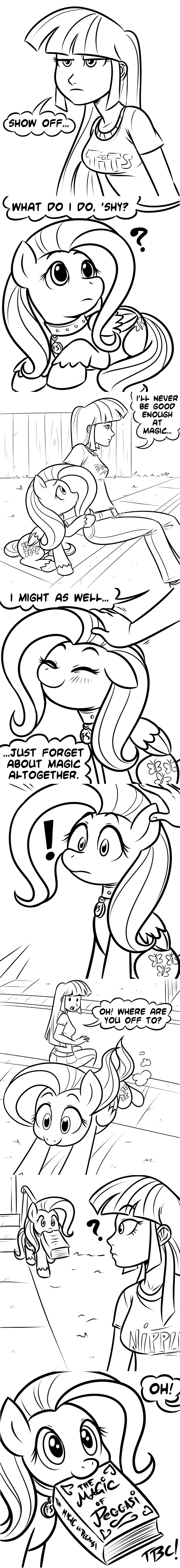 ! 2012 ? animal_genitalia book breasts clothed clothing collar comic cutie_mark dialogue duo english_text equine fluttershy_(mlp) friendship_is_magic futashy_(cartoonlion) hair human mammal megasweet my_little_pony nude pegasus sheath text twilight_sparkle_(mlp) wings