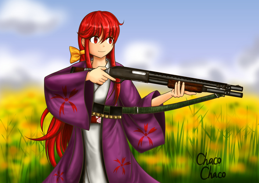 absurdres artist_name bow chacochaco commentary_request field flower flower_field gun hair_bow highres japanese_clothes kimono kotohime obi red_eyes red_hair remington_870 sash shotgun shotgun_shells smile touhou touhou_(pc-98) weapon wide_sleeves