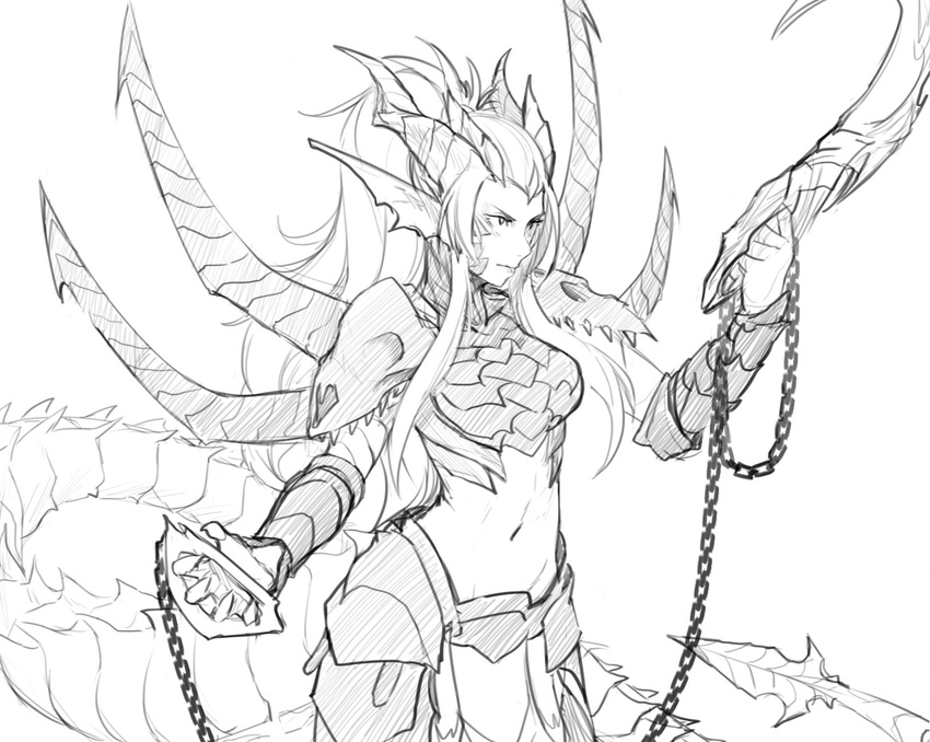 armor chaos_(warhammer) demon_horns dragon_tail ember_(khornette_quest) greyscale highres horns khornette_quest less looking_to_the_side midriff monochrome navel pauldrons pointy_ears ponytail serious skull tail warhammer_40k