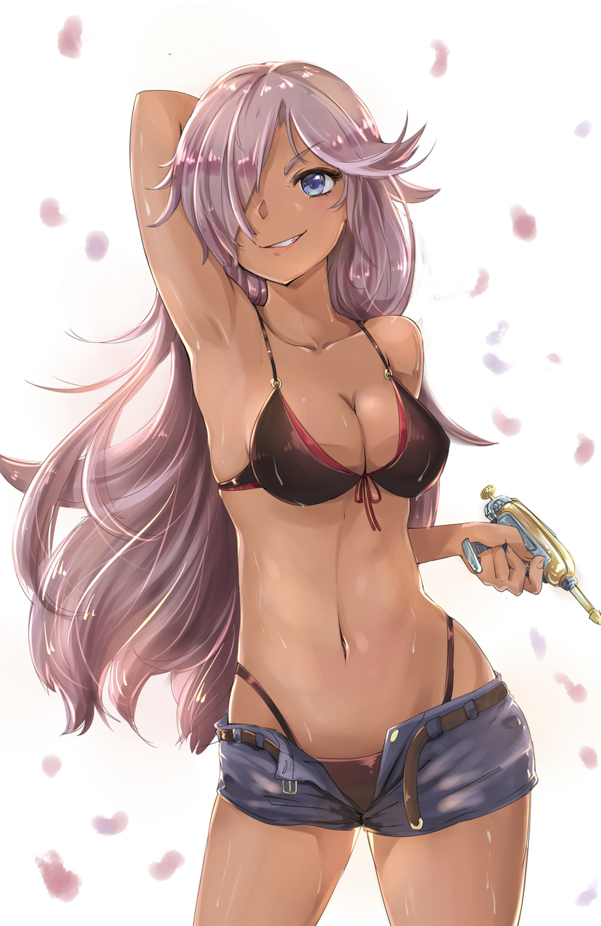 :d arm_behind_back arm_behind_head arm_up armpits bare_arms bare_legs bare_shoulders beam_gun belt bikini black_bikini blue_eyes blue_shorts breasts brown_bikini buttons cinderella_(sinoalice) cleavage collarbone dark_skin eyebrows_visible_through_hair eyelashes front-tie_bikini front-tie_top grin gun hair_over_one_eye handgun highleg highleg_bikini highres holding holding_gun holding_weapon kyouki_no_d-kun lavender_hair legs_apart long_hair looking_at_viewer medium_breasts micro_bikini midriff navel open_fly open_mouth petals pink_lips purple_hair shiny shiny_skin short_shorts shorts simple_background sinoalice smile solo string_bikini swimsuit teeth unbuttoned undone_belt weapon white_background