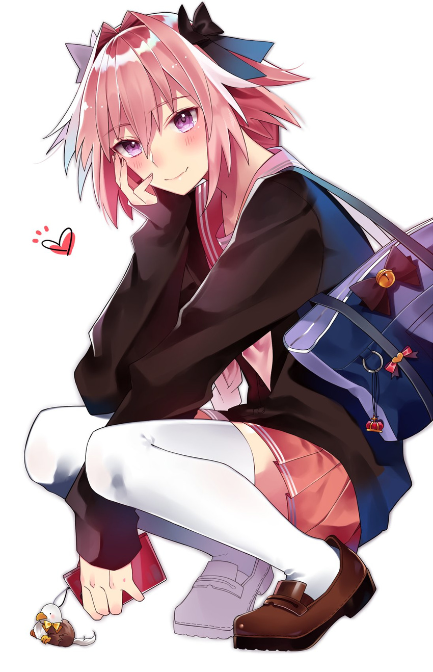 astolfo_(fate) bag braid fang fate/apocrypha fate/grand_order fate_(series) hair_ribbon heart highres ichinosenen keychain loafers long_hair looking_at_viewer male_focus otoko_no_ko pink_hair purple_eyes ribbon school_bag school_uniform serafuku shoes single_braid skirt smile solo squatting thighhighs white_legwear