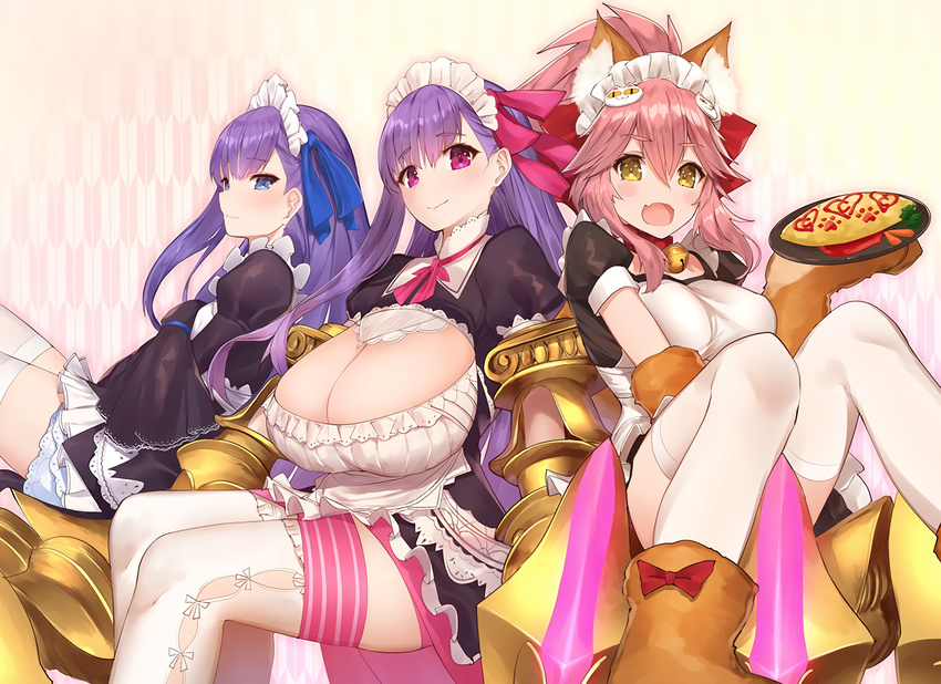 3girls alternate_costume animal_ears apron bangs bell bell_collar black_dress blue_eyes blue_ribbon blush breasts caster_(fate/extra) cat_hair_ornament cat_paws claws cleavage cleavage_cutout collar commentary_request dress enmaided eyebrows fang fate/extra fate/extra_ccc fate/grand_order fate_(series) fox_ears frilled_apron frills hair_between_eyes hair_ornament hair_ribbon holding holding_plate huge_breasts large_breasts legs long_hair looking_at_viewer looking_to_the_side maid maid_apron maid_headdress meltlilith multiple_girls neck_ribbon omelet open_mouth passion_lip paws pink_eyes pink_hair pink_ribbon plate ponytail puffy_short_sleeves puffy_sleeves purple_hair red_ribbon ribbon short_sleeves sidelocks sitting sleeves_past_wrists small_breasts smile tamamo_cat_(fate/grand_order) thighs waifu2x white_legwear yaman yellow_eyes