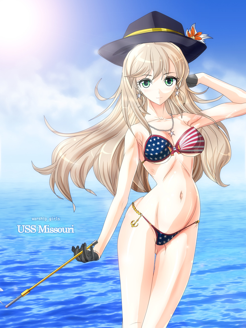 american_flag_bikini anchor_symbol arm_up ass_visible_through_thighs bad_anatomy bad_id bad_pixiv_id bead_necklace beads bikini black_gloves black_hat blue_sky bow_bikini brown_hair character_name cigarette cigarette_holder closed_mouth cloud collarbone day earrings eyelashes flag_print gloves green_eyes half_gloves hand_on_own_head hat highres holding jewelry legs_together light_smile long_hair looking_at_viewer mismatched_bikini missouri_(zhan_jian_shao_nyu) necklace outdoors sky solo standing star star_earrings star_necklace strapless strapless_bikini sun sunlight swimsuit tansoku102cm water zhan_jian_shao_nyu