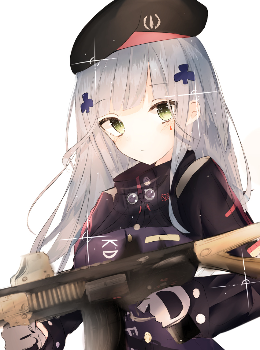 absurdres ar-15 assault_rifle bangs beret blush closed_mouth eotech eyebrows_visible_through_hair facial_mark finger_on_trigger girls_frontline gloves grey_hair gun hair_ornament hat heckler_&amp;_koch highres hk416 hk416_(girls_frontline) holding holding_gun holding_weapon jacket long_hair looking_at_viewer rifle simple_background solo sparkle teardrop upper_body weapon white_background white_gloves yanggang