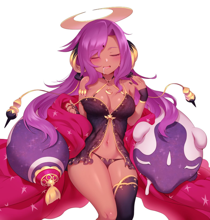 1girl asymmetrical_legwear black_legwear black_nightgown closed_eyes dark_skin eiyuu_senki eiyuu_senki_ww halo highres long_hair m-da_s-tarou mismatched_legwear navel nightgown official_art panties purple_hair saliva scheherazade_(eiyuu_senki) underwear white_background