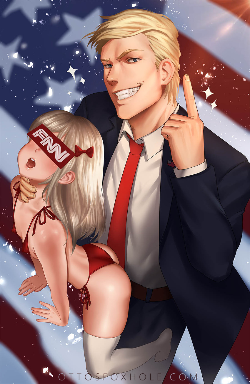 1girl american_flag banned_artist bikini blonde_hair blue_eyes bow censored cnn donald_trump fang formal grin hair_bow highres identity_censor kneeling long_hair looking_at_viewer neck_grab necktie open_mouth original otto parody personification politician real_life red_bikini side-tie_bikini smile sparkle suit swimsuit thighhighs watermark web_address white_legwear younger