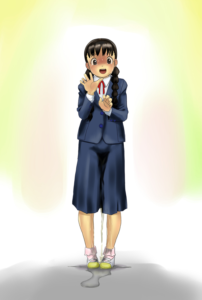1girl black_eyes black_hair blazer blue_blazer blue_skirt blush braid embarrassed eyebrows_visible_through_hair full_body gradient gradient_background hands_up have_to_pee highres legs_apart long_hair long_sleeves looking_at_viewer miminari open_mouth peeing peeing_self pink_socks pleated_skirt puddle red_ribbon ribbon school_uniform shirt shoes simple_background skirt smile socks solo standing sweat tears teeth tied_hair trembling twin_braids uniform wet_clothes wet_skirt white_background white_shirt white_shoes yellow_background