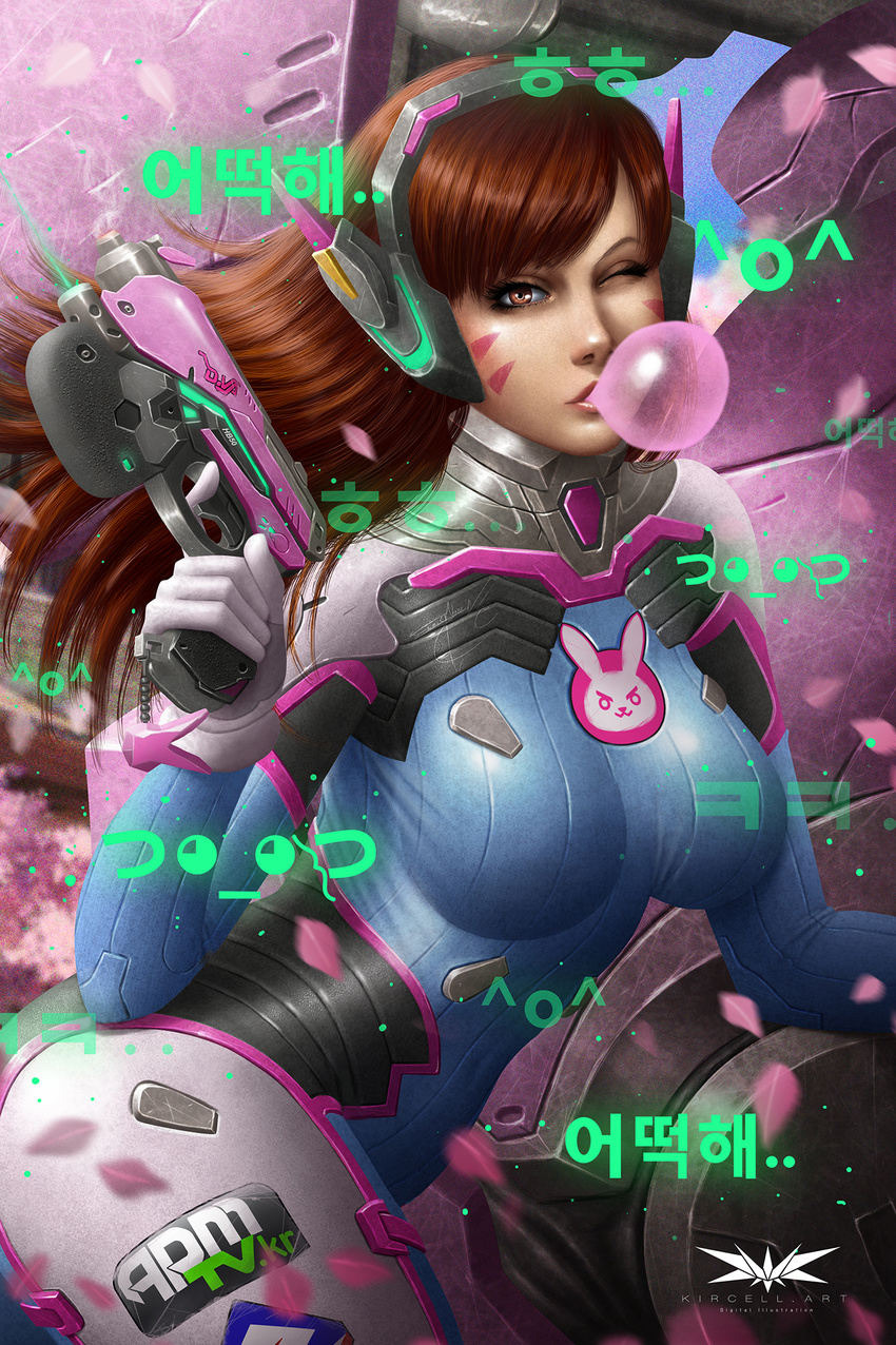 animal_print bangs blue_bodysuit blurry bodysuit breasts brown_eyes brown_hair bubble_blowing bunny_print character_name charm_(object) chewing_gum clothes_writing d.va_(overwatch) depth_of_field emblem emoticon enrique_marcell facepaint facial_mark finger_on_trigger gloves gun handgun headphones high_collar highres holding holding_gun holding_weapon hologram korean leaning_forward long_hair looking_at_viewer making_of md5_mismatch mecha medium_breasts meka_(overwatch) one_eye_closed overwatch petals pilot_suit pink_lips pistol ribbed_bodysuit shoulder_pads skin_tight smoke smoking_gun solo swept_bangs translation_request twisted_torso watermark weapon whisker_markings white_gloves
